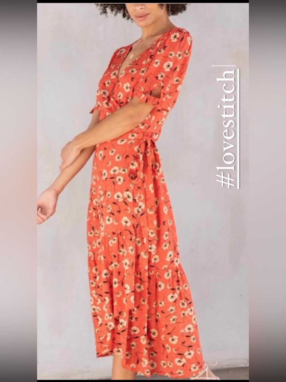 LoveStitch Wrap Dress midi orange floral vneck NWT teired hem L